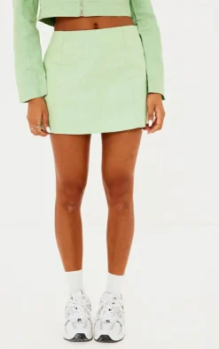 Sale PrettyLittleThing Waxed Denim Seam Detail Mini Skirt Green