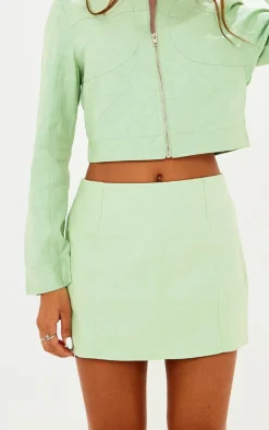 Sale PrettyLittleThing Waxed Denim Seam Detail Mini Skirt Green