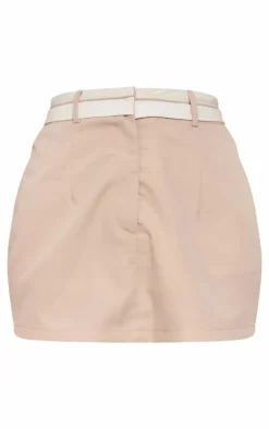 Greige Woven Turnover Waistband Low Rise Micro Mini Skirt