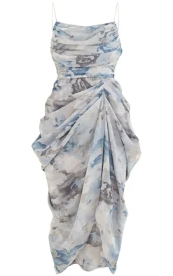 Abstract Print Chiffon Ruched Drape Midi Dress-PrettyLittleThing