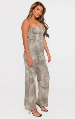 Grey Acid Wash Bandeau Wide Leg Jumpsuit