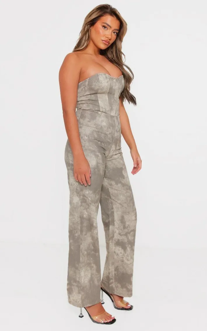 Grey Acid Wash Bandeau Wide Leg Jumpsuit
