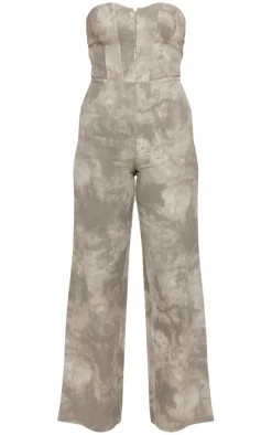 Grey Acid Wash Bandeau Wide Leg Jumpsuit