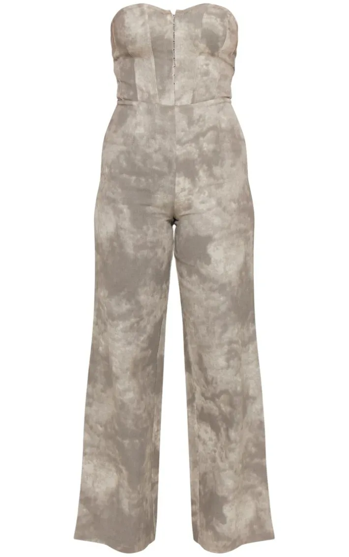 Grey Acid Wash Bandeau Wide Leg Jumpsuit