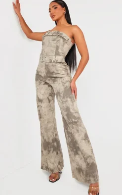 Grey Acid Wash Belted Bandeau Jumpsuit