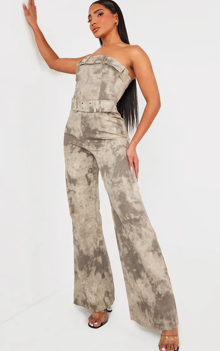 Grey Acid Wash Belted Bandeau Jumpsuit