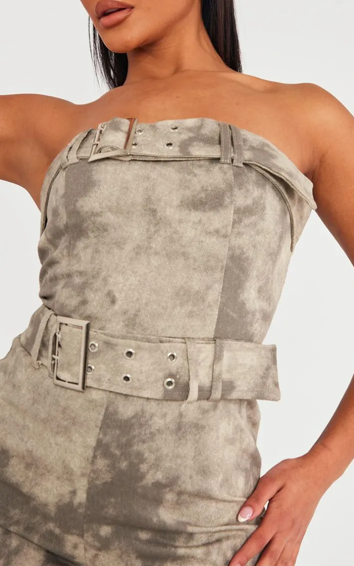 Grey Acid Wash Belted Bandeau Jumpsuit