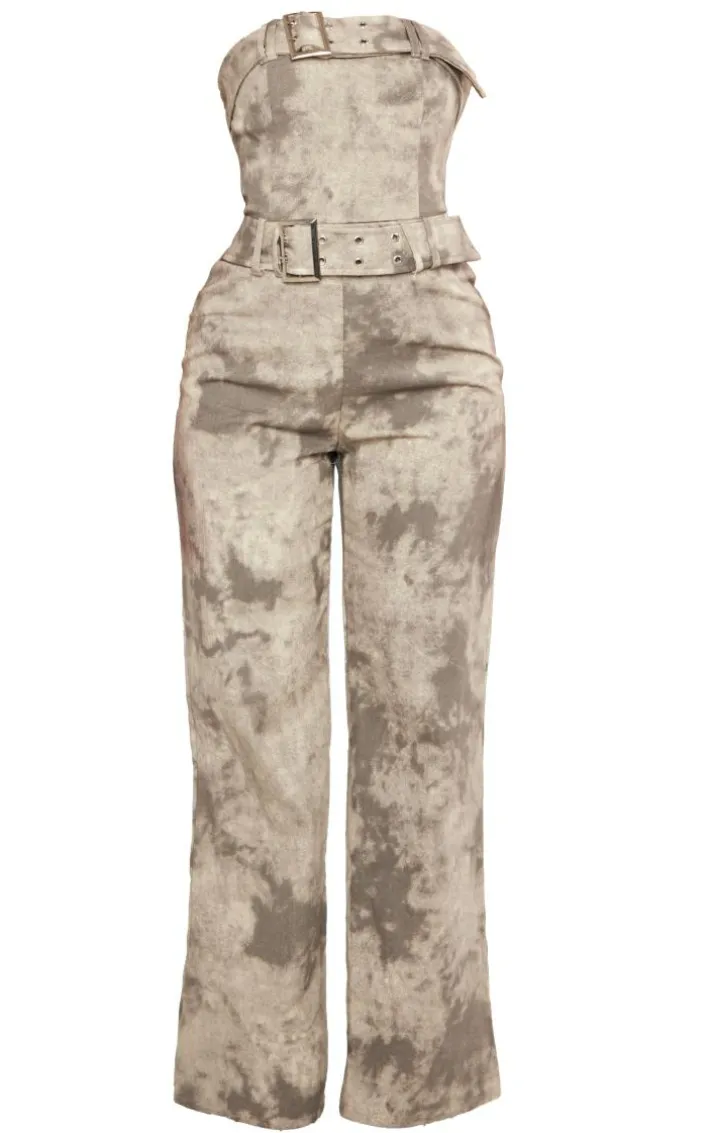 Grey Acid Wash Belted Bandeau Jumpsuit