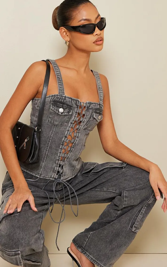 Grey Acid Wash Lace Up Denim Top