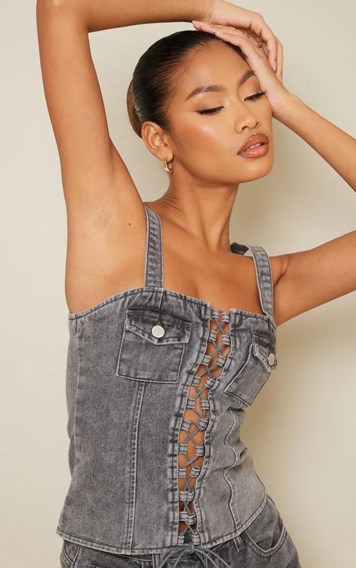 Grey Acid Wash Lace Up Denim Top