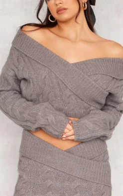Sale PrettyLittleThing Bardot Foldover Detail Cropped Sweater Grey