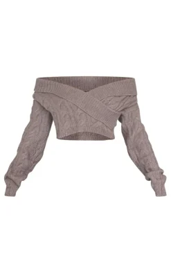 Sale PrettyLittleThing Bardot Foldover Detail Cropped Sweater Grey