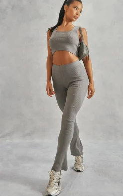 Sale PrettyLittleThing Basic Rib Knit Kick Flare Pants Grey