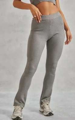 Sale PrettyLittleThing Basic Rib Knit Kick Flare Pants Grey