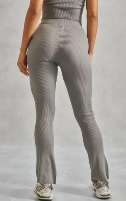 Sale PrettyLittleThing Basic Rib Knit Kick Flare Pants Grey