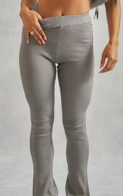 Sale PrettyLittleThing Basic Rib Knit Kick Flare Pants Grey