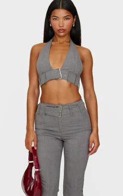 Best PrettyLittleThing Belt Detail Halterneck Top Grey
