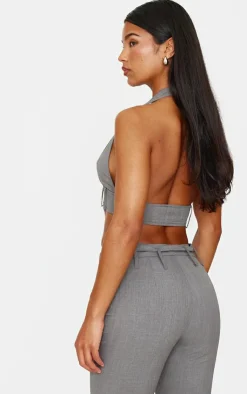 Best PrettyLittleThing Belt Detail Halterneck Top Grey