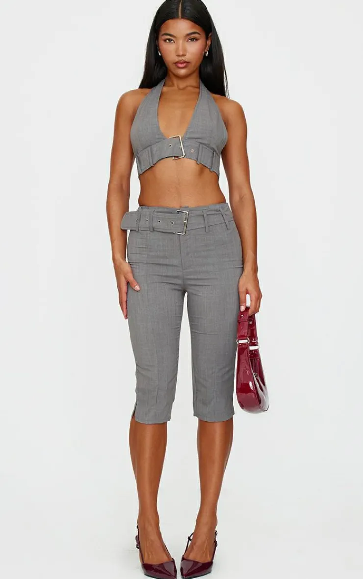 Best PrettyLittleThing Belt Detail Halterneck Top Grey