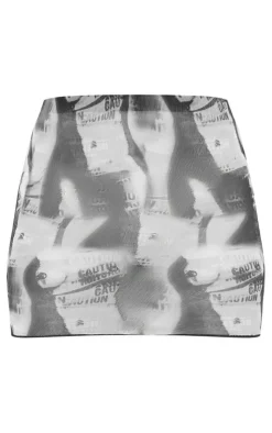 PrettyLittleThing Body Print Mesh Mini Skirt Grey