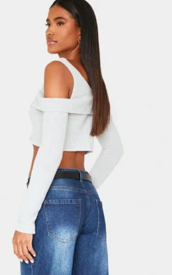 PrettyLittleThing Knitted Tops*Boucle Knit Cold Shoulder Button Up Top