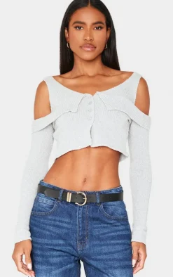 PrettyLittleThing Knitted Tops*Boucle Knit Cold Shoulder Button Up Top
