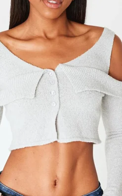 PrettyLittleThing Knitted Tops*Boucle Knit Cold Shoulder Button Up Top