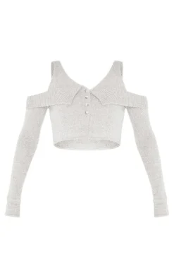 PrettyLittleThing Knitted Tops*Boucle Knit Cold Shoulder Button Up Top