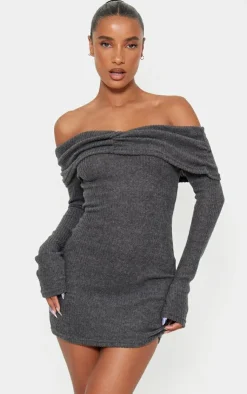 Brushed Rib Bardot Long Sleeve Bodycon Dress-PrettyLittleThing Sale