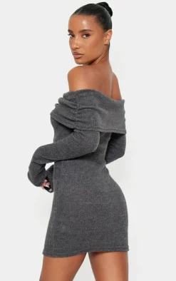 Brushed Rib Bardot Long Sleeve Bodycon Dress-PrettyLittleThing Sale