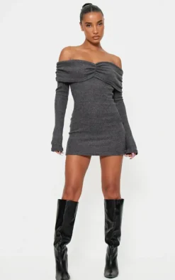Brushed Rib Bardot Long Sleeve Bodycon Dress-PrettyLittleThing Sale