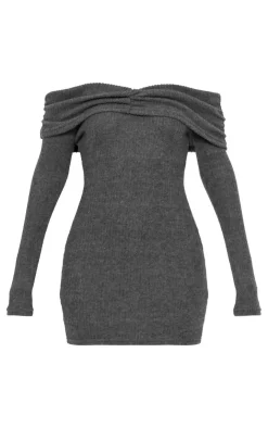 Brushed Rib Bardot Long Sleeve Bodycon Dress-PrettyLittleThing Sale