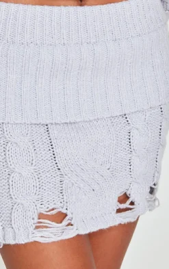 Best PrettyLittleThing Cable Knit Distressed Hem Fold Over Mini Skirt Grey
