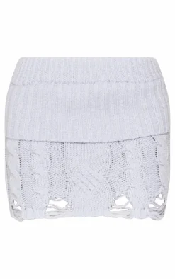 Best PrettyLittleThing Cable Knit Distressed Hem Fold Over Mini Skirt Grey