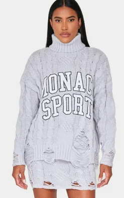 Hot PrettyLittleThing Cable Knit Distressed Hem Embroidered Roll Neck Sweater Grey