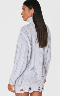 Hot PrettyLittleThing Cable Knit Distressed Hem Embroidered Roll Neck Sweater Grey