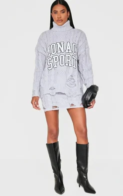 Hot PrettyLittleThing Cable Knit Distressed Hem Embroidered Roll Neck Sweater Grey