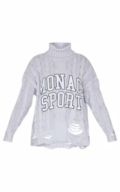 Hot PrettyLittleThing Cable Knit Distressed Hem Embroidered Roll Neck Sweater Grey