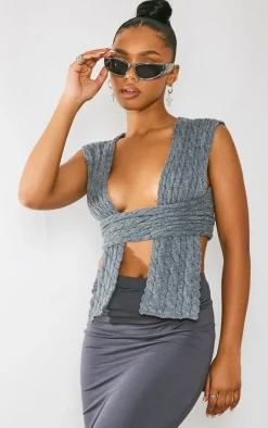 PrettyLittleThing Wrap Tops*Cable Knit Wrap Multi Way Top