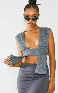 PrettyLittleThing Wrap Tops*Cable Knit Wrap Multi Way Top