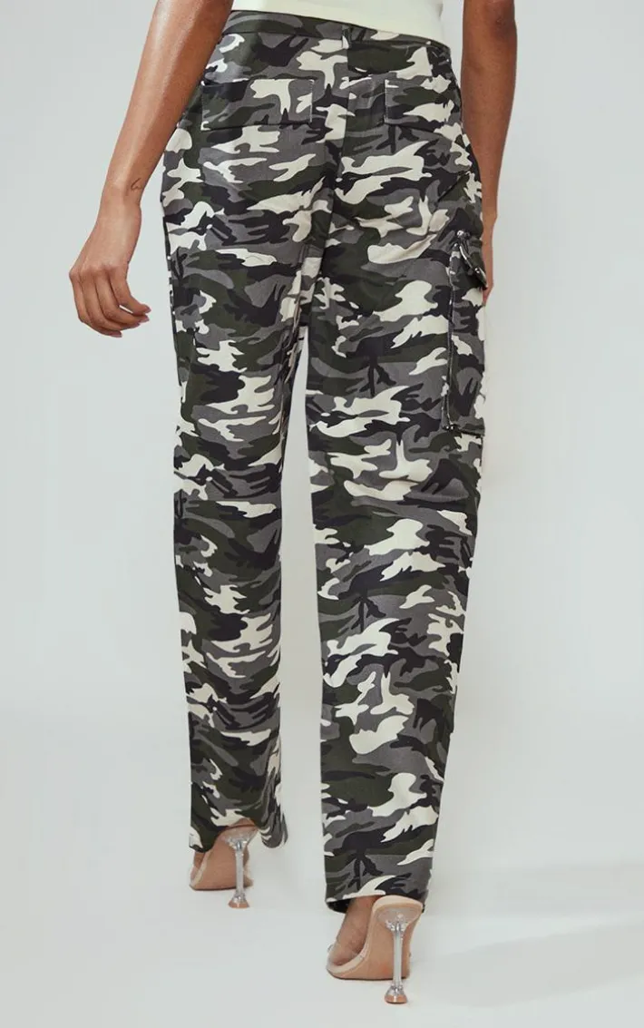 Grey Camo Wide Leg Cargo Pants