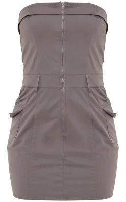 Cargo Pocket Zip Up Bandeau Bodycon Dress-PrettyLittleThing