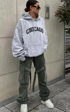 Grey Chicago Print Oversized Hoodie