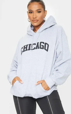 Grey Chicago Print Oversized Hoodie