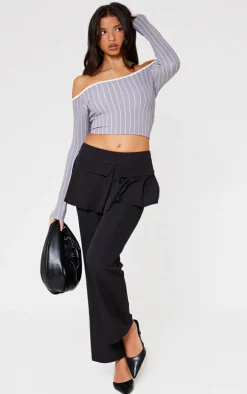 Grey Contrast Detail Pinstripe Bardot Long Sleeve Top