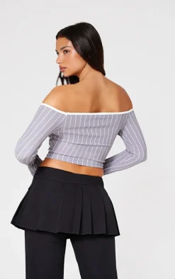 Grey Contrast Detail Pinstripe Bardot Long Sleeve Top