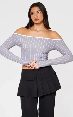 Grey Contrast Detail Pinstripe Bardot Long Sleeve Top