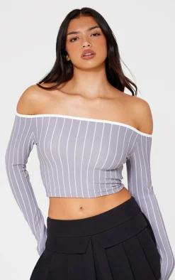 Grey Contrast Detail Pinstripe Bardot Long Sleeve Top