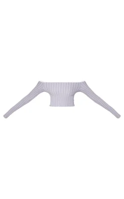 Grey Contrast Detail Pinstripe Bardot Long Sleeve Top