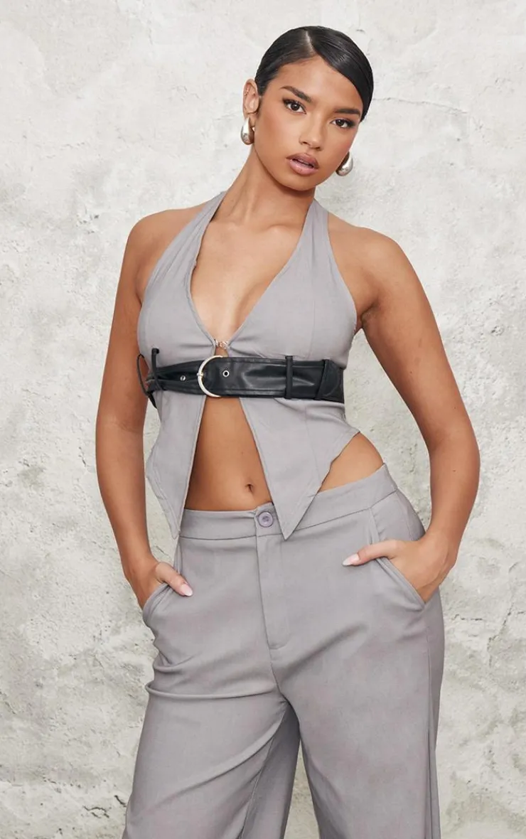Best PrettyLittleThing Contrast Faux Leather Belt Halterneck Top Grey